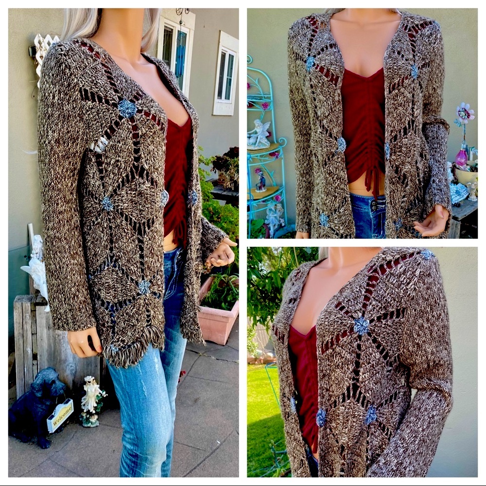 XS-M BoHo Chic Crochet Scallop Fringe Cardigan Duster Sweater - Picture 6 of 16